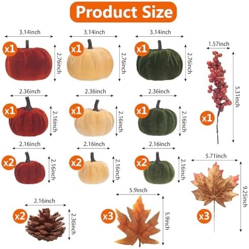 21 PCS Pumpkins Decor Set, 3 Sizes Fake Velvet Pumpkin, Dark Green Brown Gold Small Foam Pumpkins for Fall Harvest Thanksgiving Tiered Tray Centerpiece Bowl Filler Farmhouse Halloween