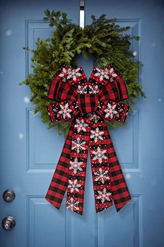 Hying Large Christmas Bow for Wreath, Red Black Buffalo Plaid Bows for Front Door Wall Fence Decor, Snow Wreath Bow Tree Topper for Winter Party Decoration Supplies