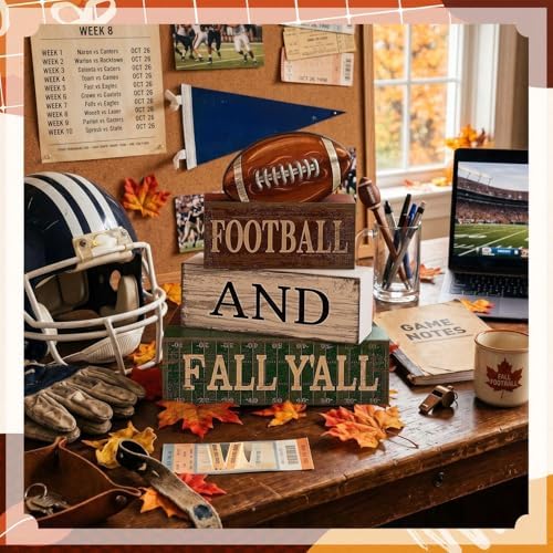 Lineshading 4 Pcs Fall Football Block Signs Wooden Farmhouse Decor