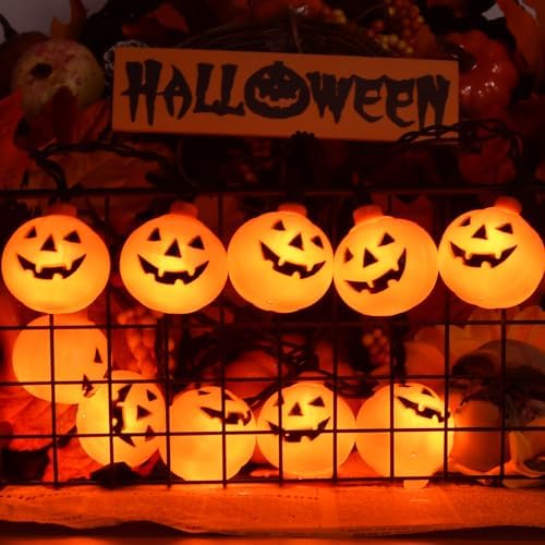 Pumpkin Halloween Decorations Lights, 8.5FT Pumpkin String Lights with 10 LED Waterproof Orange Jack-O-Lantern Lights for Outdoor Indoor Home, Halloween Party Decorations, Black Wire, Plug in