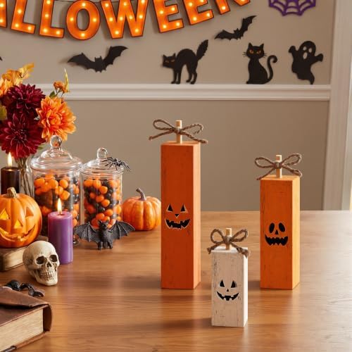 Smile Halloween Wooden Standing Block Decor Orange Jack-O'-Lantern Face