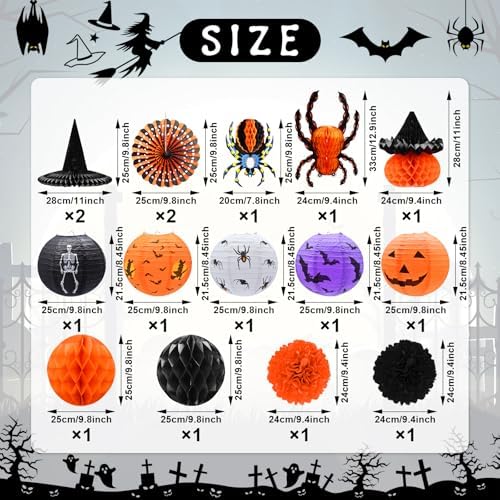 16-Pack Halloween Honeycomb Paper Lantern Ornaments – Hanging Decorations in Pumpkin, Spider, Witch Hat, and Ghost Designs for Halloween Party, Indoor Outdoor Décor, Fall Festival Supplies