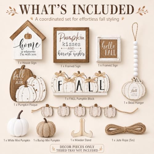 Reallnaive 18 Pcs Fall Thanksgiving Tiered Tray Decor Set Pumpkin Wood Sign Hello Fall Rustic Farmhouse Tray Decoration Tabletop Sign for Autumn Home Kitchen Festival (Neutral)