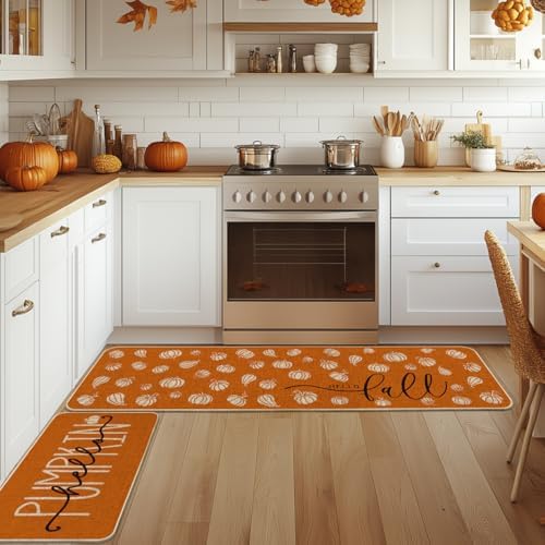 Artoid Mode Orange Hello Pumpkin Fall Kitchen Mats Set of 2-17x29+17x59