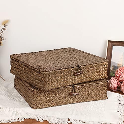 Hipiwe 2 Packs FLat Woven Wicker Basket Bin with Lid, Large Seagrass Baskes
