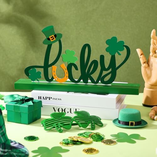 Cinnvoice St. Patrick's Day Table Sign Decoration Lucky Metal Tabletop Centerpiece Signs Letter Wood Centerpiece with Clover for St Patrick's Day Tiered Tray Decorations for Irish