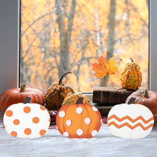 COCHIE Fall Pumpkin Decorations for Home Indoor, Thanksgiving Table Decor, Harvest Tabletop Decoration, Wooden Pumpkins Signs Block for Tiered Tray Party Shelf Display Set of 3