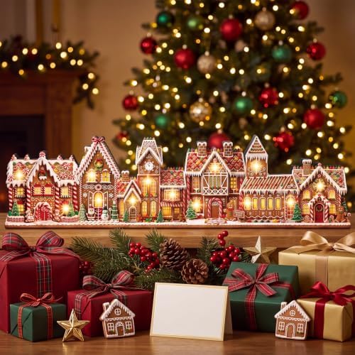RattanView 15 in Christmas Table Decor Lighted Wooden Gingerbread Village
