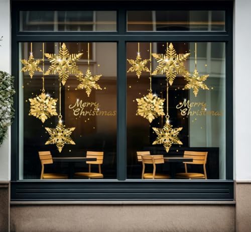Christmas Tree Window Clings Stickers for Glass, Golden Christmas Snowflake Windows Static Stickers, DIY Wall Window Door Mural Showcase Decal Sticker (2 Pack Style B)