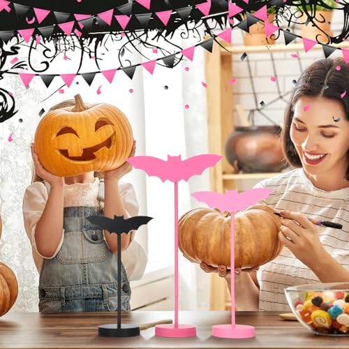 Geetery 6 Pieces Halloween Table Decorations Wood Bat Decor, Pink