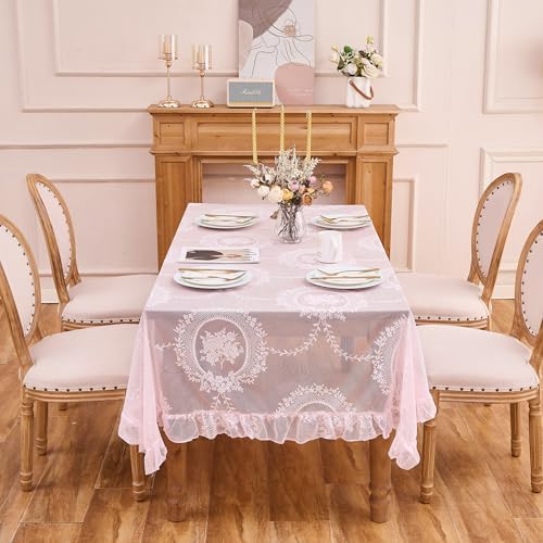 Pink Lace Tablecloth Vintage Table Cloth (Pink,55”x70”,Rectangular)