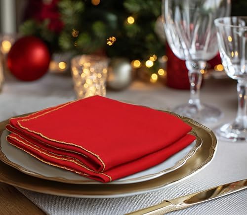 COTTON CRAFT Red Cloth Napkins with Gold Trim - 12 Pack Christmas Napkins