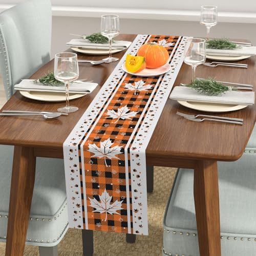 Niviy Maple Leaves Fall Table Runner with Buffalo Plaid, 13 x 108 Inch Seasonal Autumn Thanksgiving Table Decoration for Home Kitchen Dining Outdoor Indoor Holiday Farmhouse Decor