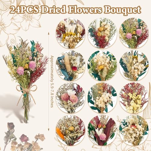 12/24PCS Handmade Dried Flower Bouquet with Stems Natural Dried Wildflowers 7.5 Inch Mini Dry Flowers for Vase Farmhouse Decor, Wedding Styling, Photography Props, Gift DIY(24pcs, Bright)