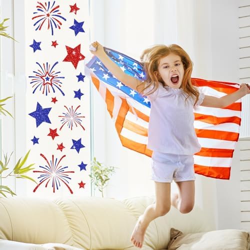 Whaline 6 Sheets Patriotic Window Clings Glitter Happy 4th of July Reusable Window Decals Red Blue Star Firework Glass Sticker for 250th Anniversary Independence Day Memorial Day Home Party Decor