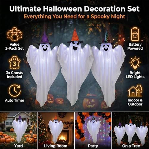 3 Packs Halloween Decorations Outdoor - BCLGSHINE Lighted Hanging Ghost Decorations with Hats & 45 LEDs, 36 Inch Halloween-Ghost Lights for Porches, Party, Yards, Gardens, Lawn