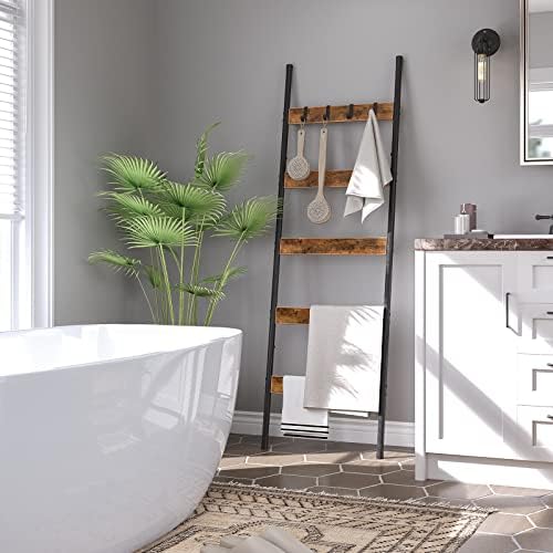 HOOBRO Blanket Ladder, 5-Tier Towel Rack with Hooks, Wall-Leaning Blanket Rack, Decorative Display Ladder Shelf, for