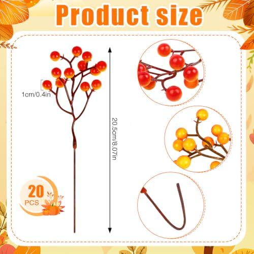 Fangoo 20 Pack 7 Inch Fall Artificial Orange Berry Stems Orange Berries Picks Holly Berry Branches Decorations for Tree Ornaments Fall Bouquets Wreath DIY Crafts Thanksgiving Harvest Autumn Home Decor