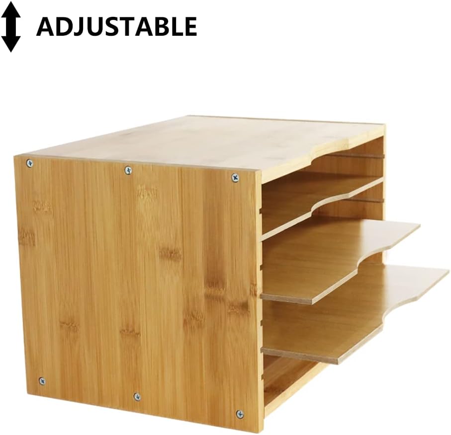 WKWKER File Organizer with 3 Adjustable Shelves Bamboo Document Letter Tray Paper File Sorter for Desktop Office Home