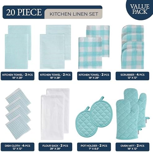 LANE LINEN Kitchen Towels and Dishcloths Sets - 20Pc Kitchen Towel Set, 350 Degree Heat Resistant Oven Mitts & Pot Holder, Reusable Absorbent Dish Cloths for Washing Dishes - Aqua