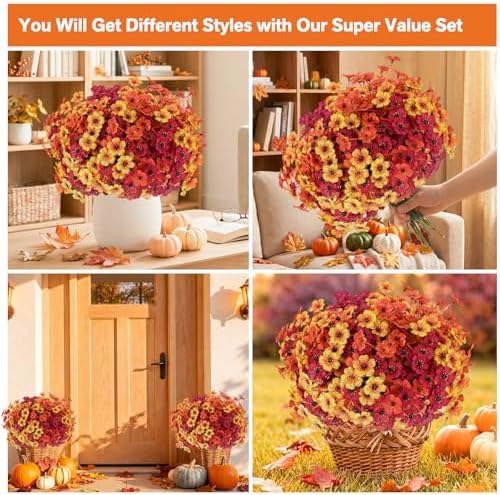 Powbrace 22 Pack Artificial Fall Flowers Mums for Outdoor Indoor(Fall Mix)