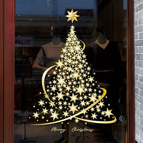 Cityhermit Christmas Tree Window Clings Stickers for Glass, Extra Large Golden Xmas Windows Static Stickers, DIY Wall Window Door Mural Showcase Decal Sticker (2 Pack)