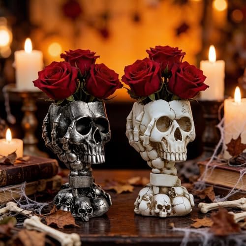 Skull Planter, Gothic Planters for Halloween Decorations Indoor/Outdoor Plants, Goth Flower Pots, Plant Pots, Skull Flower Pot, Plant Pot, Unique Vase with Drainage(Tall Black)