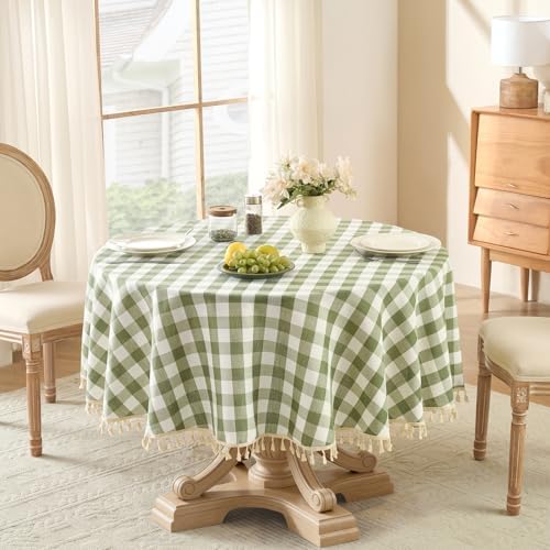 Softalker Gingham Round Tablecloth with Tassel, Sage Green, 70" x 70"
