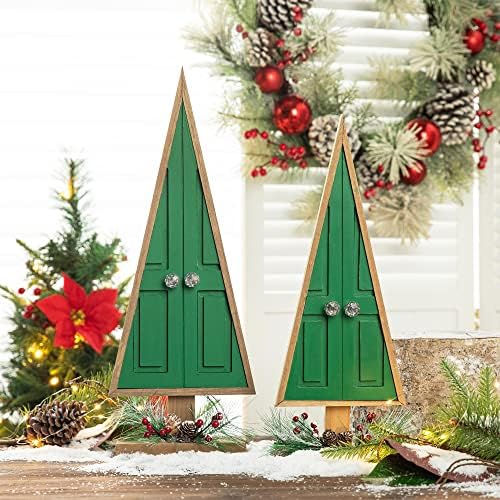 glitzhome Tabletop Wooden Christmas Tree Set of 2 with Pinecones and Berries for Xmas Holiday Home Decorations, 19" H, Green