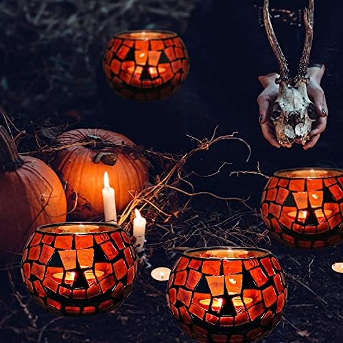 SHMILMH Halloween Candles Holder Set of 4, Grimace Tealight Holders, Handmade Mosaic Pumpkin Glass Votive Candle Holders for Halloween Table Centerpiece Home Decor