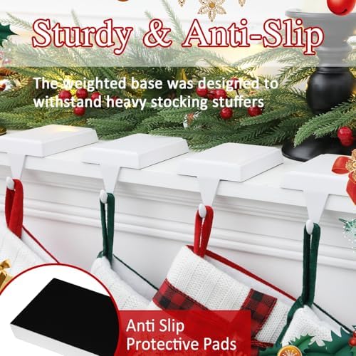 4-Pack Christmas Stocking Holders for Mantel, Weighted Metal Hooks, White