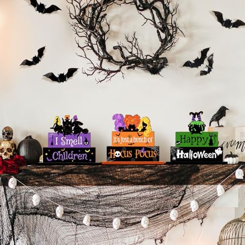 Halloween Hocus Pocus Table Signs Wooden Decor, 3PCS Witch Halloween Table Signs I Smell Children Freestanding Tabletop Decorative Signs, Spooky Tiered Tray Centerpiece Indoor Home Decorations