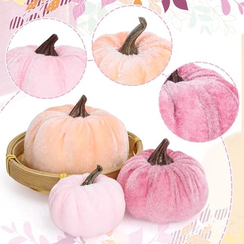Whaline 12Pcs Fall Artificial Pumpkins Blush Coral Pink Peach Pink Fake Velvet Pumpkins 3 Sizes Autumn Foam Pumpkin Table Centerpiece for Fall Baby Shower Thanksgiving Halloween Party Decoration