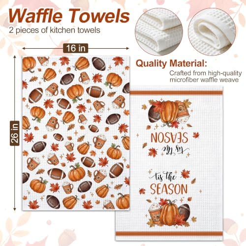 Fall Kitchen Towels - Football and Pumpkins Waffle Kitchen Decor