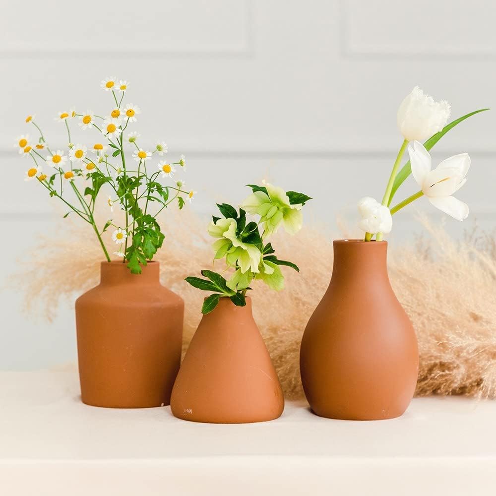 3-Piece Clay Table Vase Set / Brown Terra-cotta