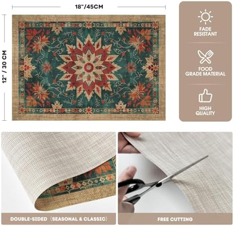 Artoid Mode Snowflakes Floral Ethnic Boho Christmas Placemats Set of 4, Washable Heat Resistant Non-Slip Plastic PVC Place Mats for Farmhouse Winter Holiday Party Kitchen Dining Decor
