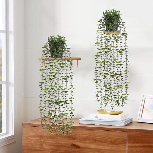 Waipfaru 2Pcs Fake Hanging Plants with Pot, Potted Faux Eucalyptus