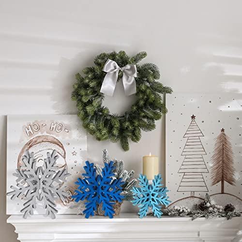 Bucherry 12 Pcs Wooden Snowflakes Table Decor,Silver, Blue