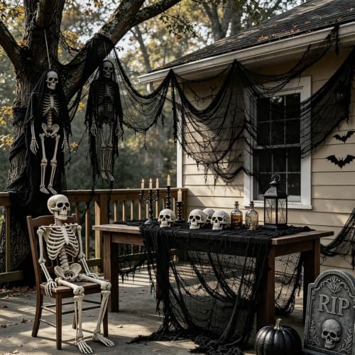 8 Pack Halloween Black Gauze Wall Decor,Outdoor Halloween Fake Spider Web Decorations Webbing,Cobwebs Mesh Spooky Fabric,30X72 in Black Cheesecloth for Haunted House Indoor Creepy Cloth (8, Black)