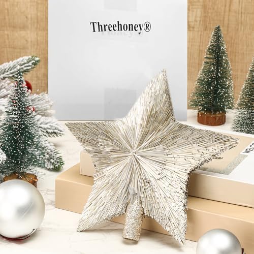 Threehoney 8.3 Inch Christmas Star Tree Topper Glitter Decor,Champagne Gold