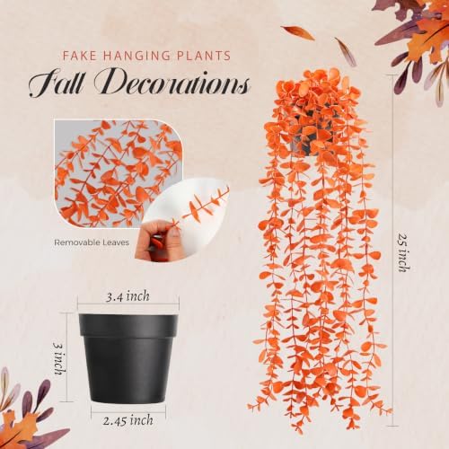 Der Rose 1Pcs Fake Fall Plants Hanging Orange Artificial Potted Faux Eucalyptus Plant Decorations for Fall Thanksgiving