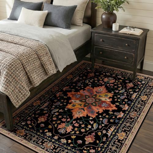 RELEANY Washable Area Rug, 4'x6', Black/Colorful