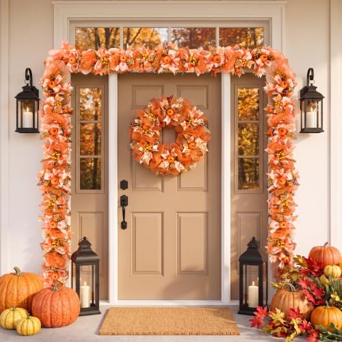 Waipfaru 6 FT Fall Garland for Mantel, Autumn Garland with Pumpkin Ribbon & Berries, Thanksgiving Vine for Table Centerpiece, Fall Party Decor for Fireplace & Modern Farmhouse