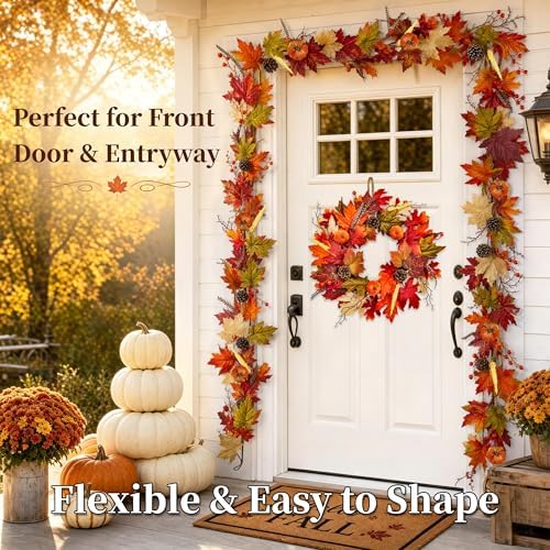 6FT Fall Maple Leaf Garland with Mini Pumpkins Pinecones & Red Berries, Artificial Autumn Leaves Garland for Thanksgiving Autumn Mantel Fireplace Stair Railing Front Door Farmhouse Decor
