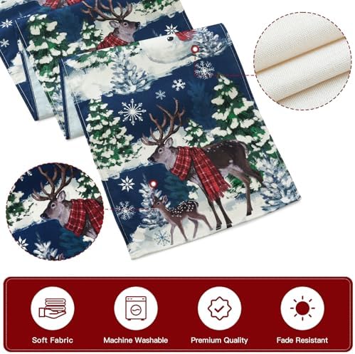 Artscope Reindeer Snowman Christmas Tree Table Runner, Xmas Winter Snowflakes Holiday Kitchen Dining Table Decoration for Christmas Home Party Decor 13x120 Inch-Blue
