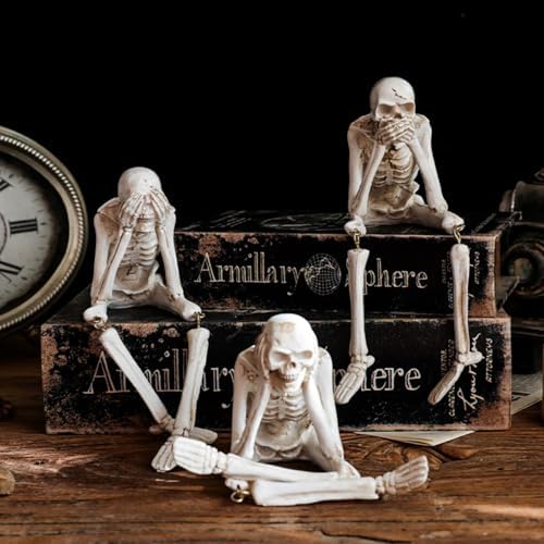 OwMell Set of 3 No Evil Skeletons Statue, Skull Figurine Gothic Home Décor