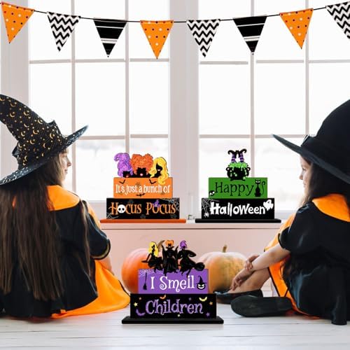 Halloween Hocus Pocus Table Signs Wooden Decor, 3PCS Witch Halloween Table Signs I Smell Children Freestanding Tabletop Decorative Signs, Spooky Tiered Tray Centerpiece Indoor Home Decorations