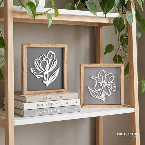 Tide and Tales 3D Botanical Floral Wall Art (Framed Set of 2) Ready-to-Hang Lightweight Boho Decor for Walls