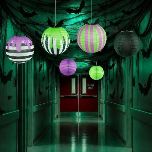 THAWAY 12 Pack 10 inch Halloween Paper Lanterns Black Purple Green Striped