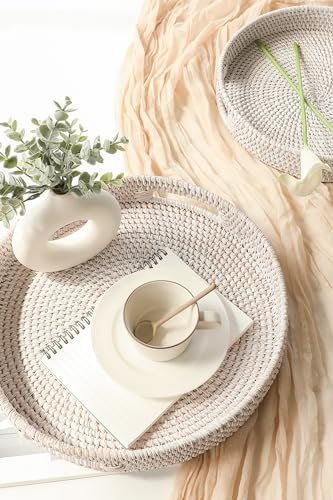 HITOMEN Hand-Woven Round Rattan Serving Tray Decorative Ottoman Wicker Platter with Handles for Coffee Table, Breakfast, Drinks, Snack, Bread, Fruit, Vegetables (Whitewash Set of 2: M+L)